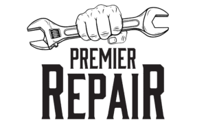 Black logo of a fist holding a wrench with the words Premier Repair stacked beneath it.